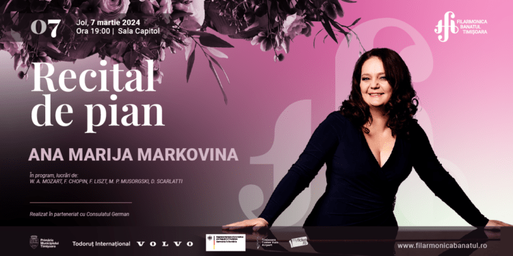 Muzică de Mozart, Chopin, Liszt, Musorgski și Scarlatti, în interpretarea pianistei Ana Marija Markovina, la Filarmonica „Banatul” din Timișoara